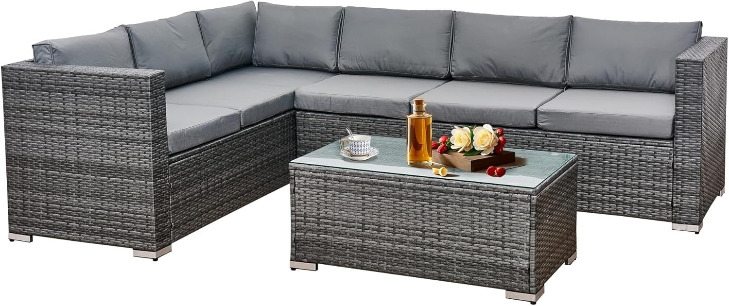 6 Seater Rattan Corner Sofa Set Patio Garden Furniture with Glass Table