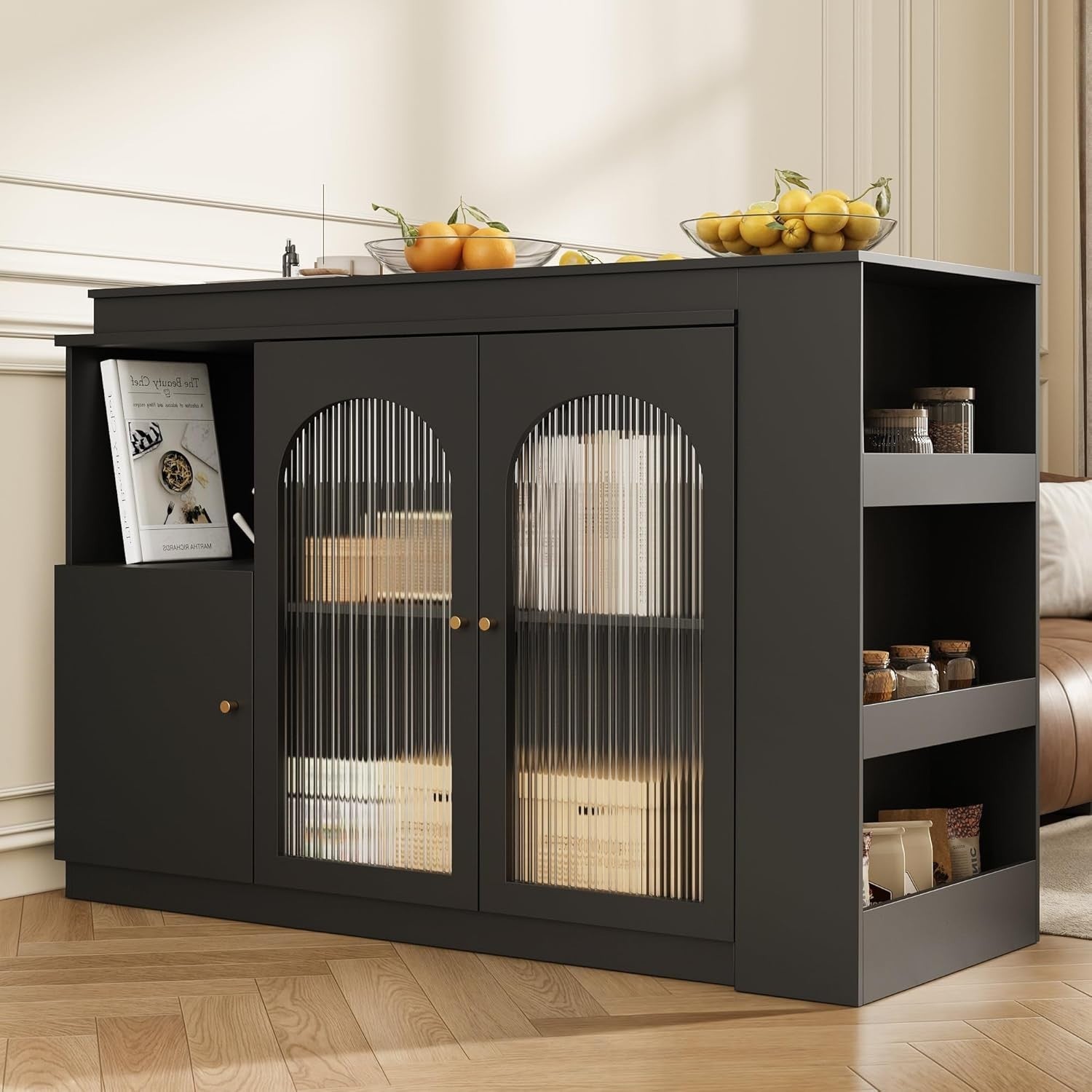360° Rotating Kitchen Island Bar Cabinet with Glass Doors & Storage Shelves