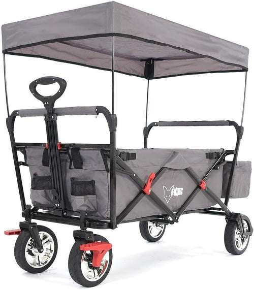 Grey Kids Folding Wagon Push Pull Stroller Cart w/ Canopy & Storage Bag