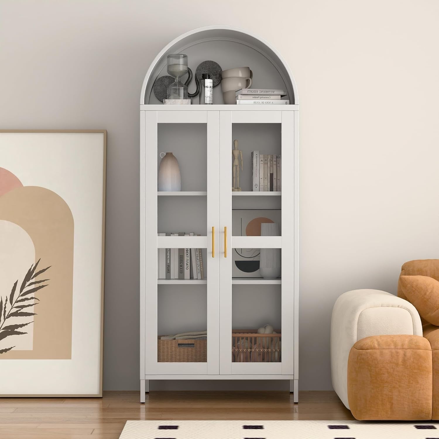185cm Metal Arched Kitchen Pantry Cabinet White | 2-Door Storage