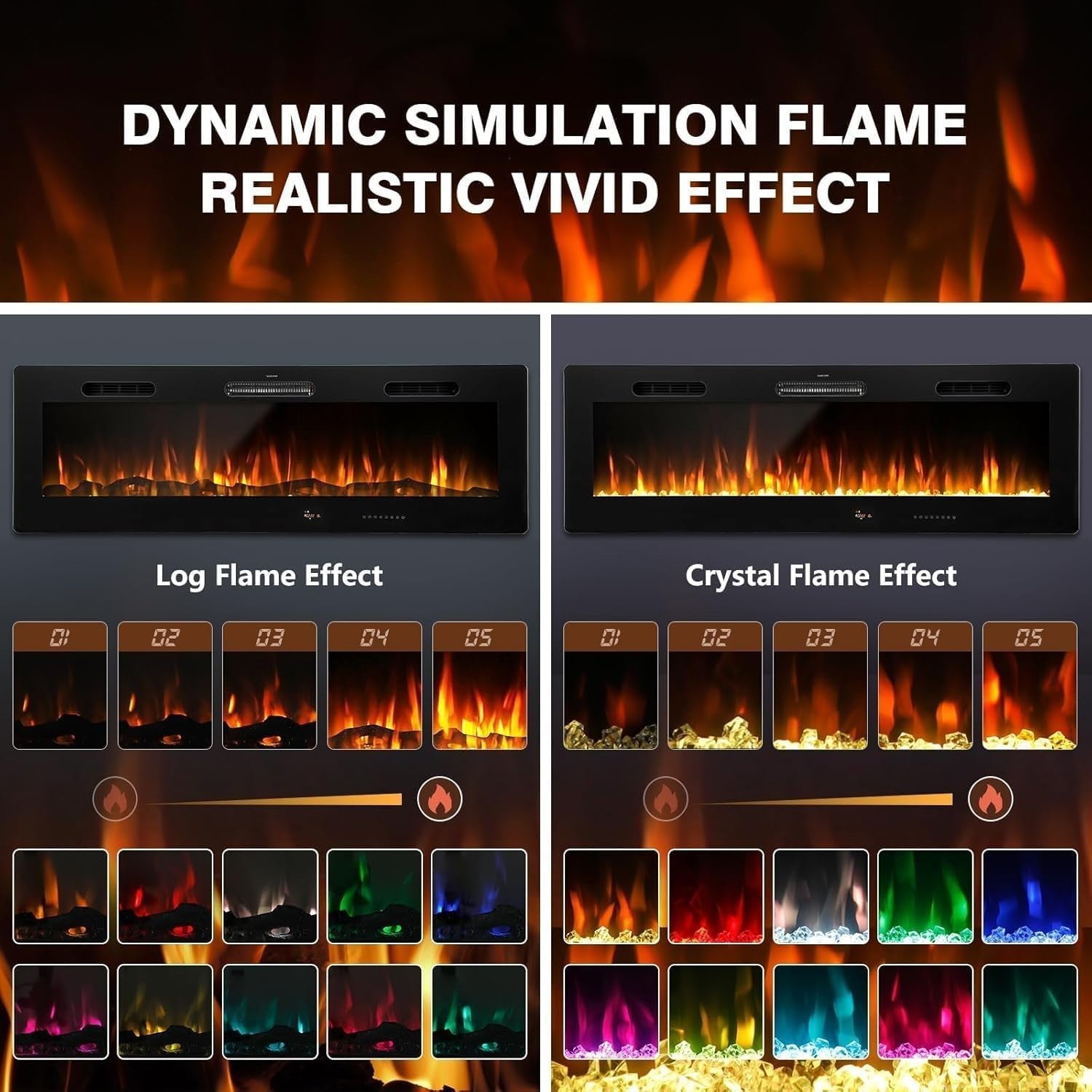 152cm Wall Mounted Electric Fireplace LED Flame Heater Crystal Log