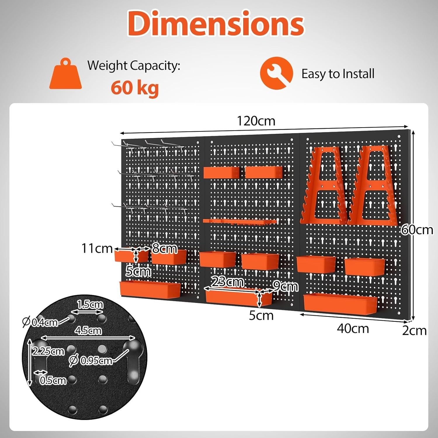 Black+Orange Pegboard Tool Organizer 3 Boards 26 Accessories Wall Rack