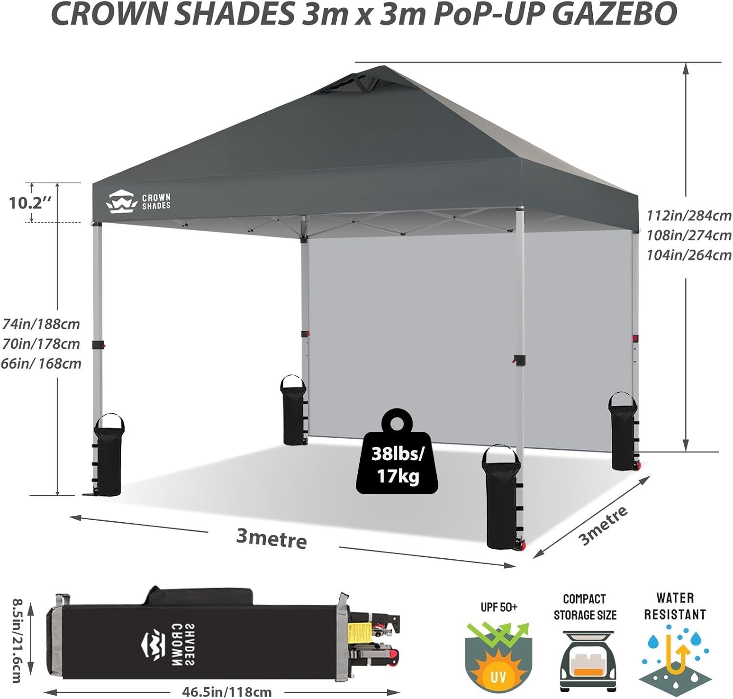 3x3M Grid Grey Pop Up Gazebo With 1 Sidewall Waterproof Party Tent & Carry Bag