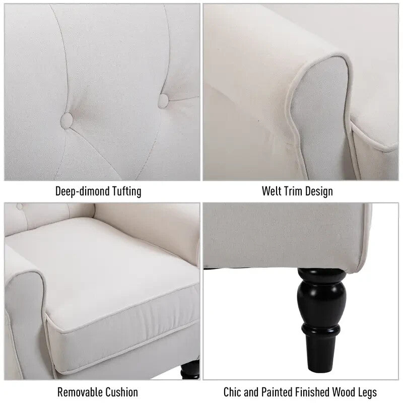 Cream Wingback Accent Armchair Linen Tufted High Back Chair Wood Legs
