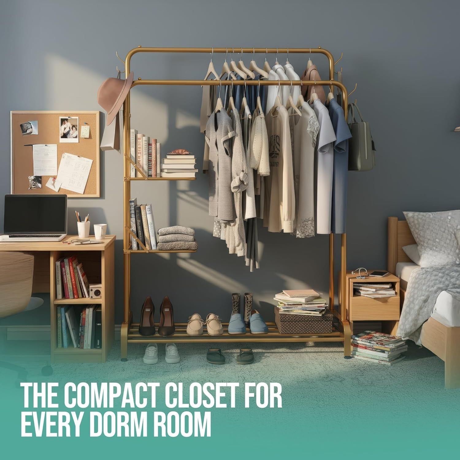 Gold Heavy Duty Clothes Rail 100KG With Folding Shelves