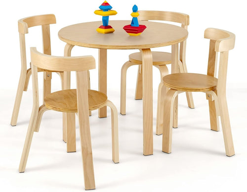 Kids Wooden Round Table & 4 Chairs Set Natural Finish Ergonomic Design