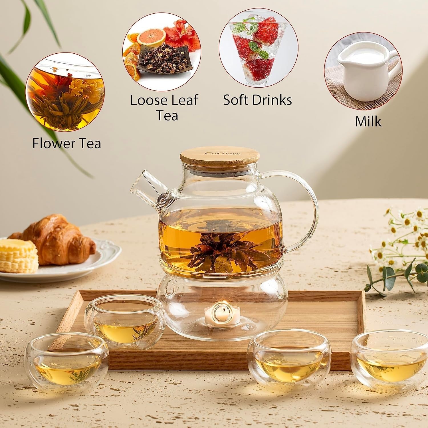 900ml Glass Teapot Set with 4 Double Wall Cups Stovetop Safe Tea Maker