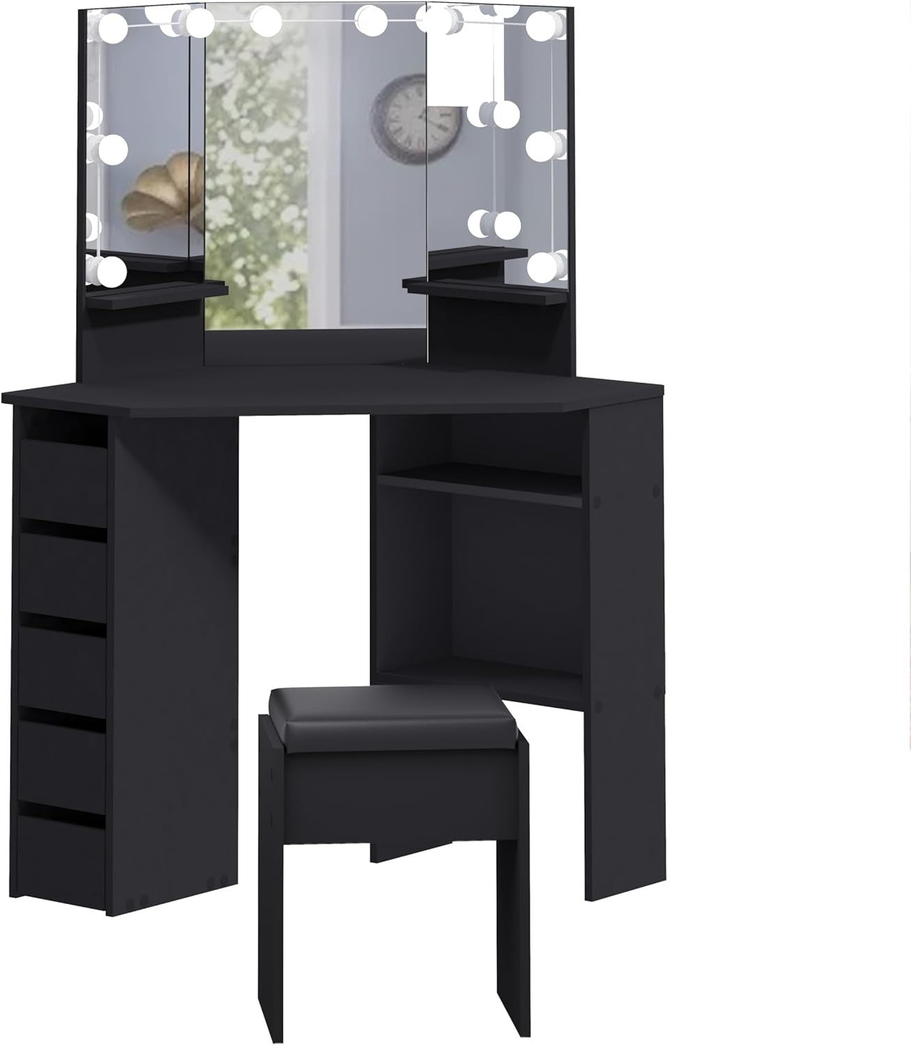 Modern Corner Dressing Table 10 LED Lights 5 Drawers Vanity Mirror Desk Black/Wh