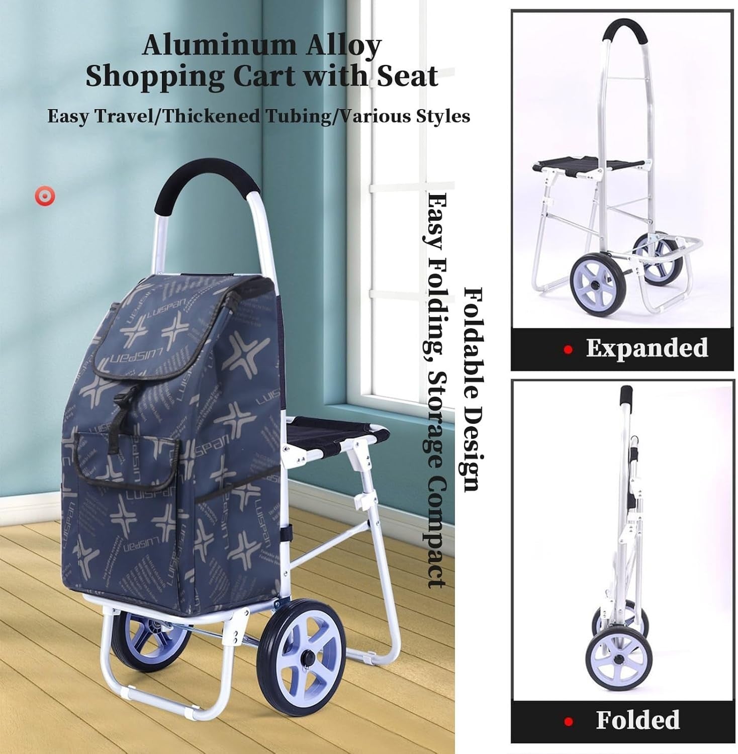 Foldable Aluminum Stair Climber Shopping Cart w/ Seat 100kg Capacity Blue