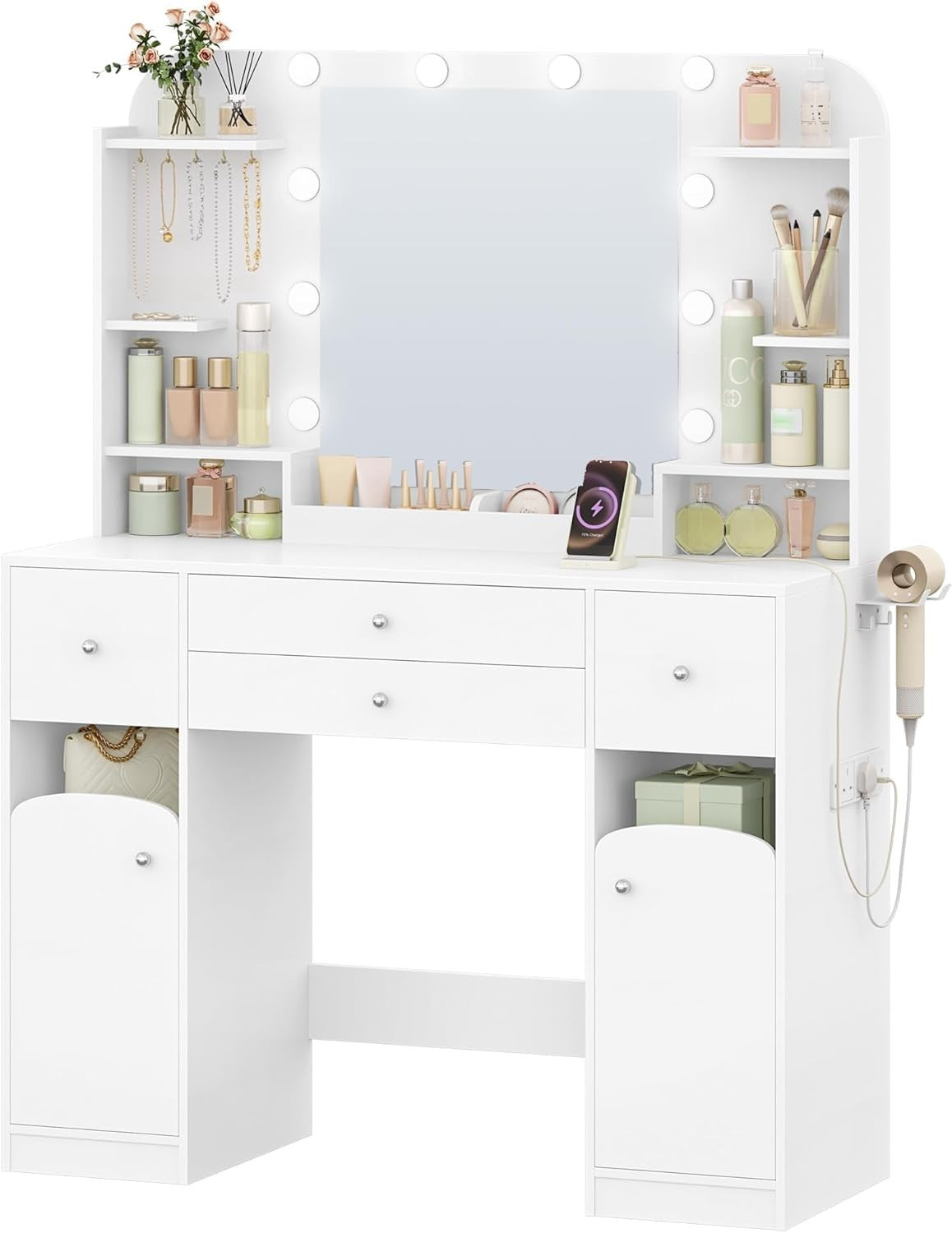 White Dressing Table Makeup Vanity Desk LED Mirror 4 Drawers Storage Modern