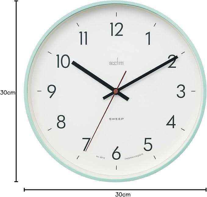 30cm Silent Sweep Wall Clock Mint Green Slimline Modern Easy-Read Design