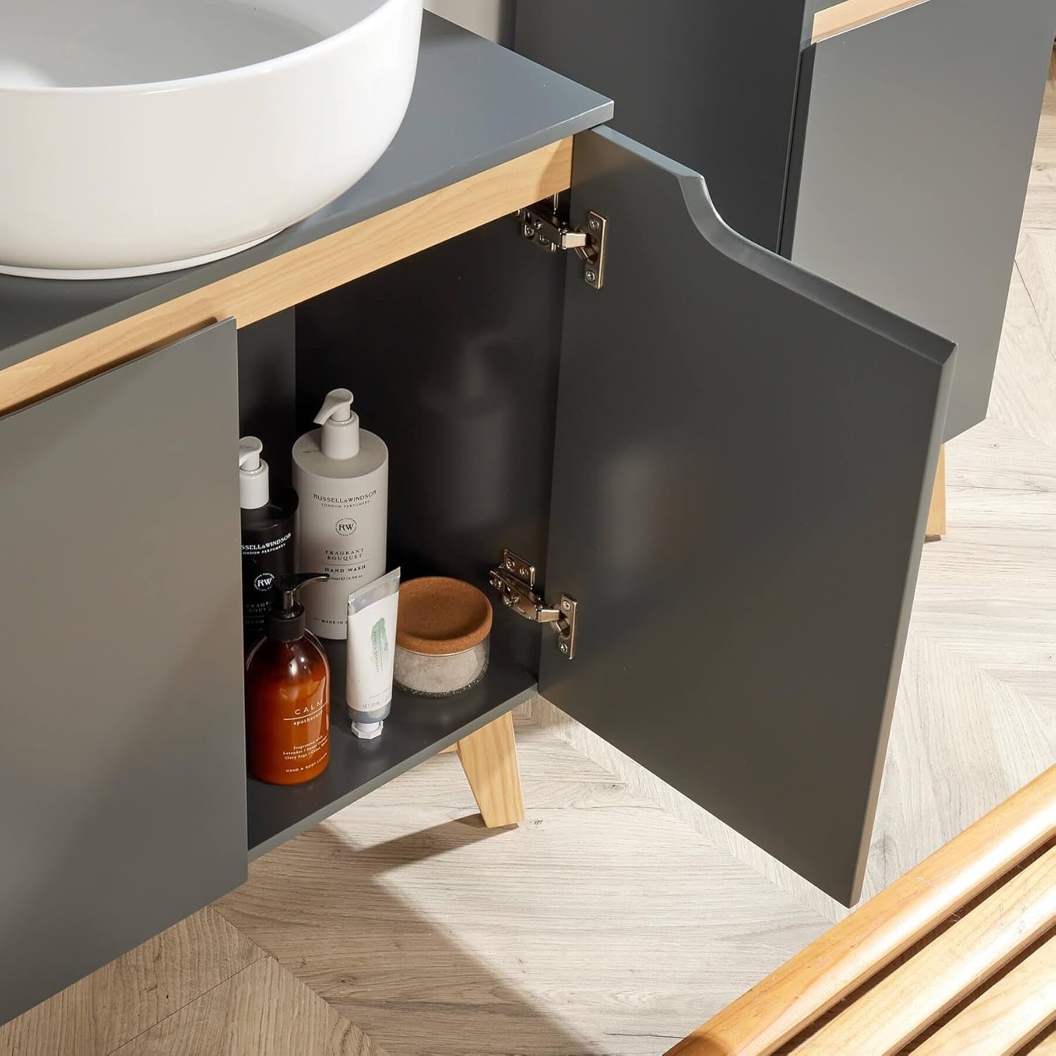 Modern Grey Bathroom Vanity Unit Under Sink Storage Cabinet with Wooden Legs