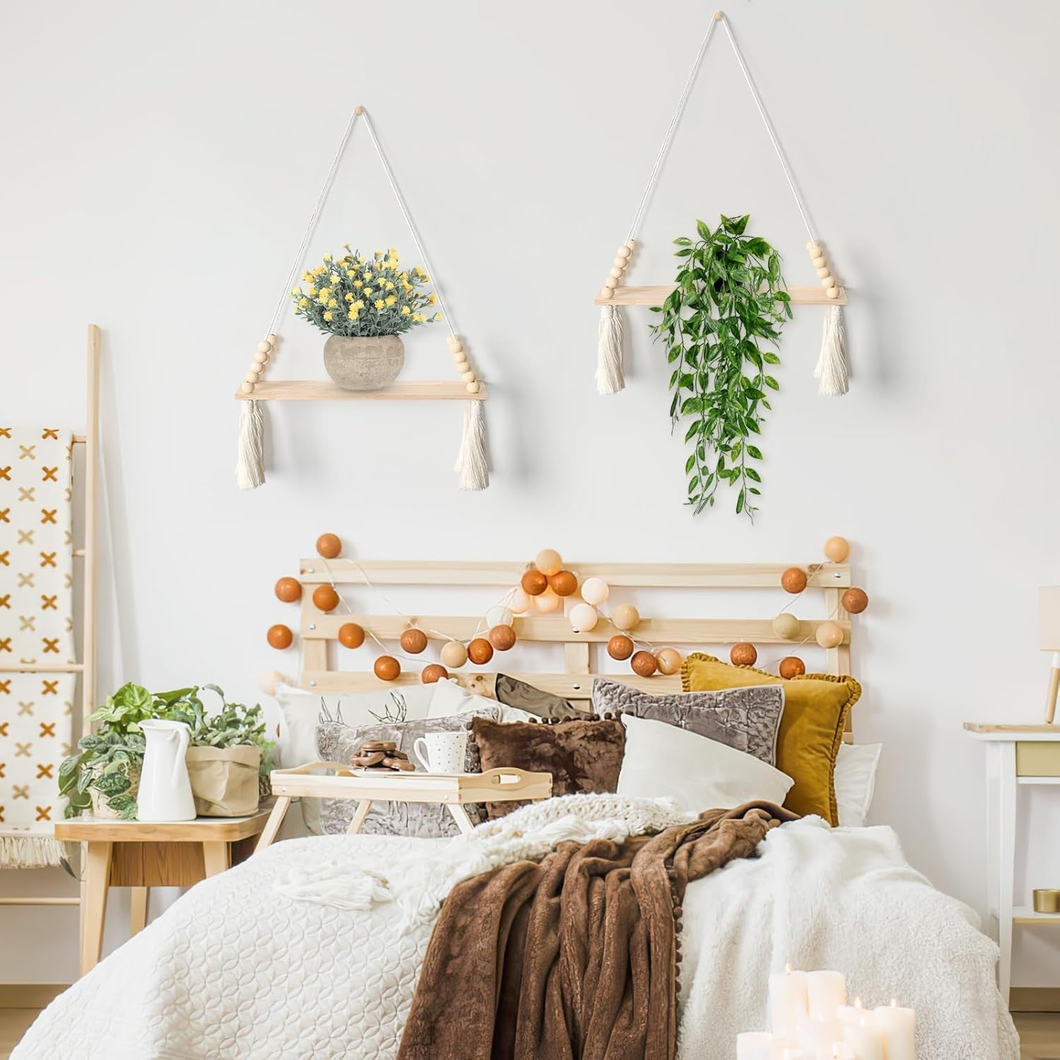Boho Macrame Hanging Shelves Set of 2 Rustic Wooden Wall Decor