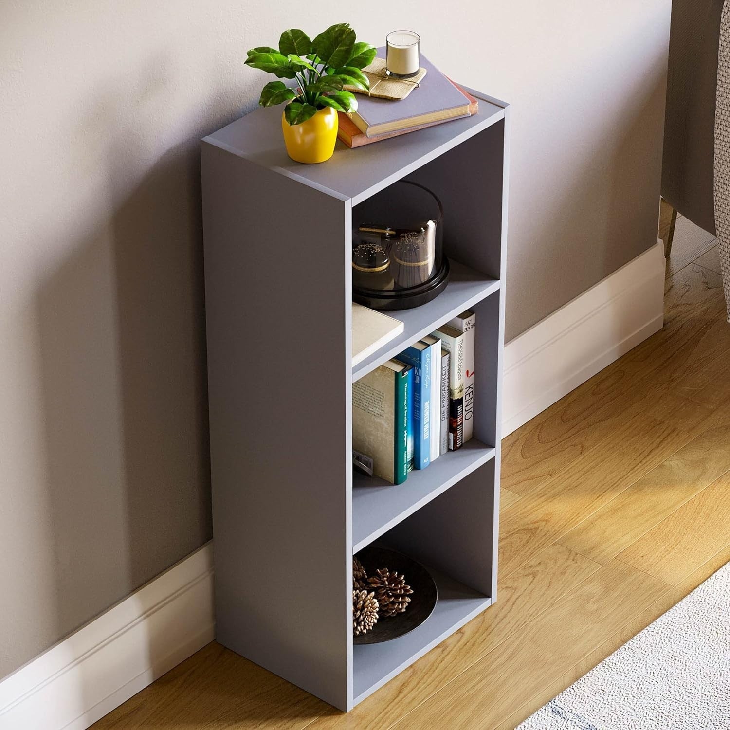 3 Tier Grey Wooden Cube Bookcase Small Storage Shelf for Living Room Office