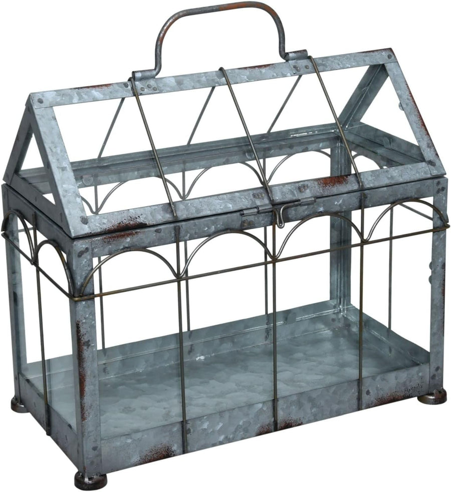 Small Iron & Glass Greenhouse with Lockable Lid and Carry Handle 29x15x26cm