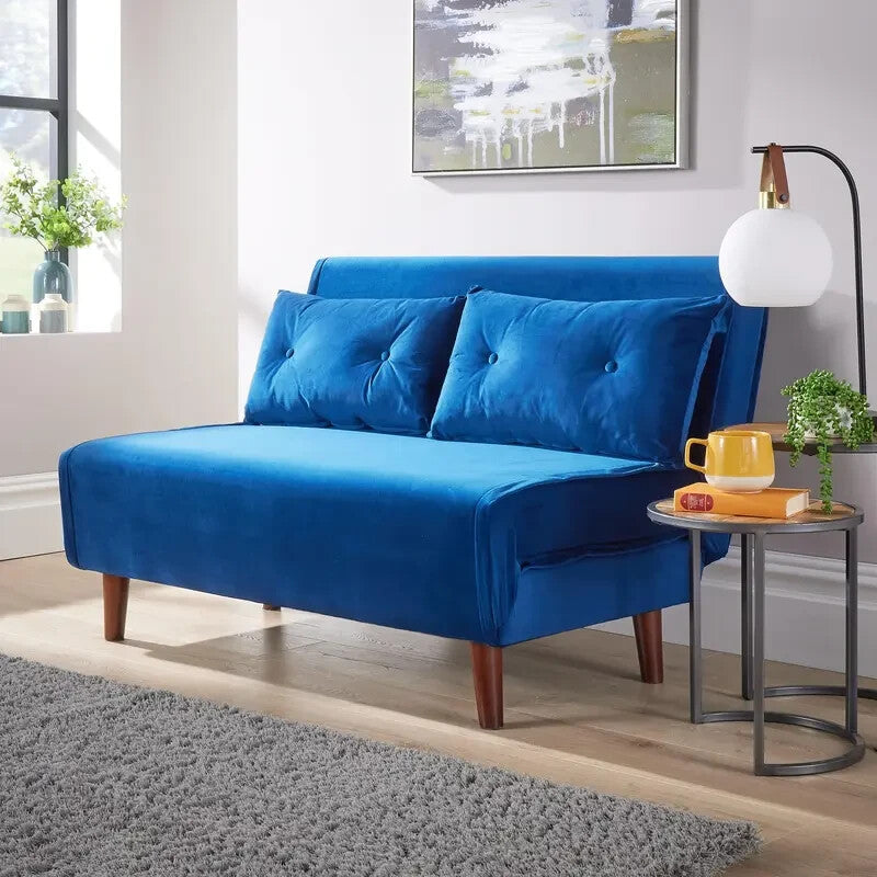 Velvet Double Sofa Bed Blue Folding Chair Sleeper Seat with Pillows