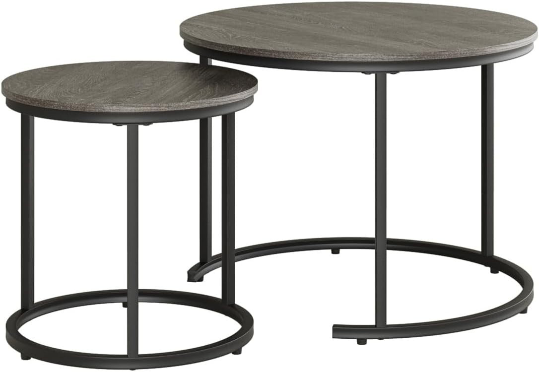 Round Nesting Coffee Tables Set of 2 – Grey Top Black Frame, Space-Saving