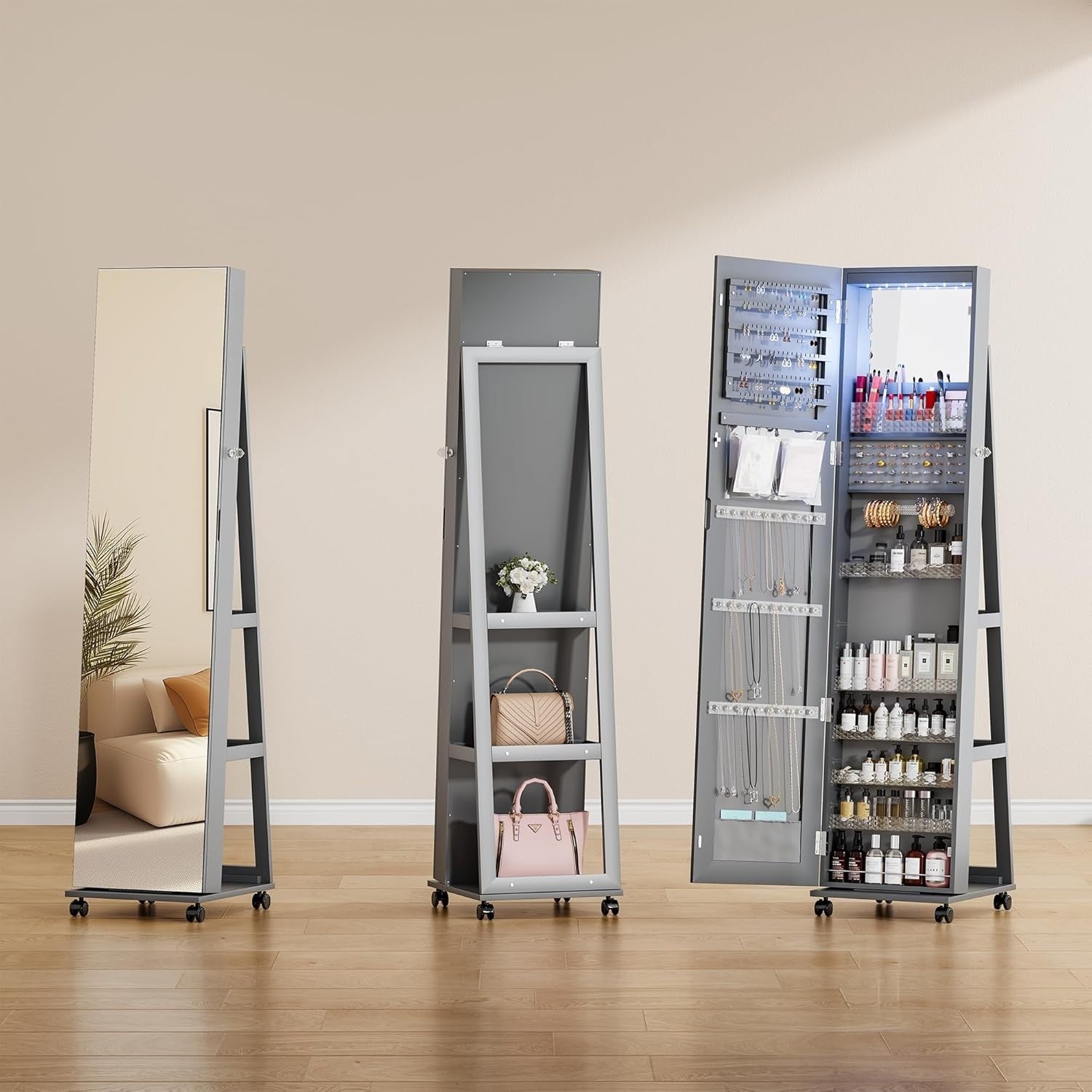 Gray 360° Swivel Jewellery Cabinet Lockable Full Length Mirror Storage