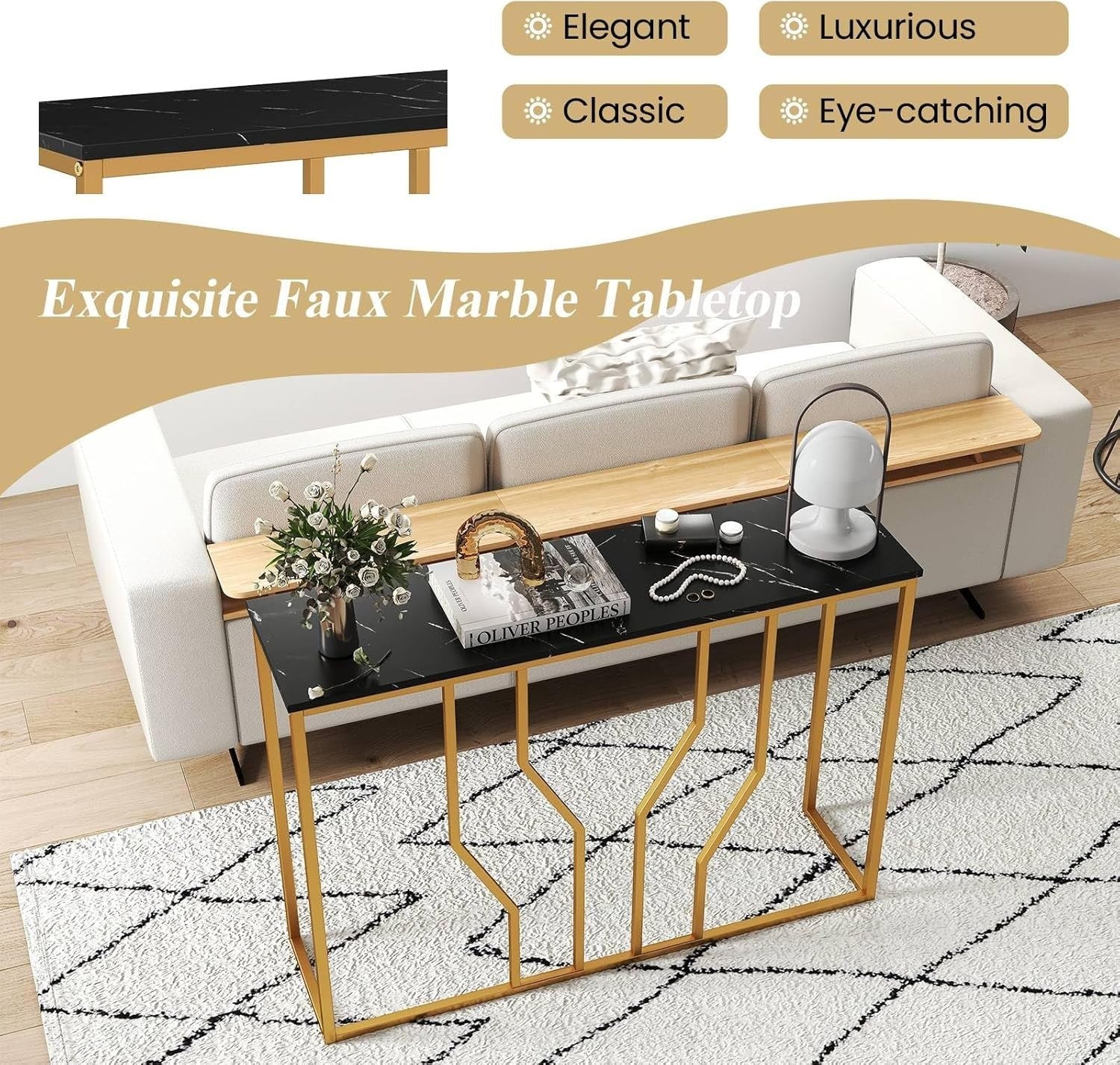 Slim Faux Marble Console Table with Anti-Tip, Metal Frame & Storage – 110cm