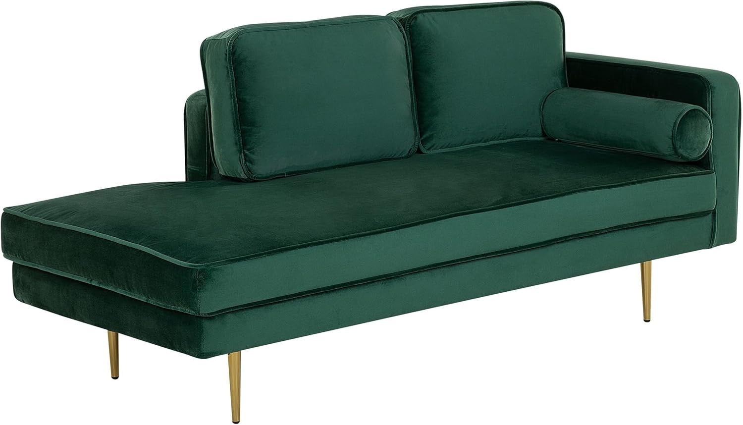 Emerald Green Velvet Chaise Lounge | Gold Legs, Cushions, 171cm Wide