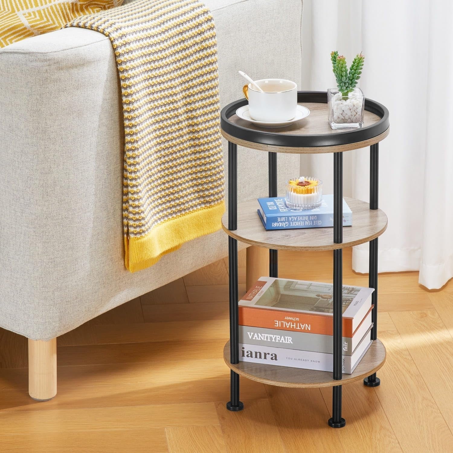 3 Tier Round Side Table with Storage Shelf Metal Frame Small Space Oak 30x55