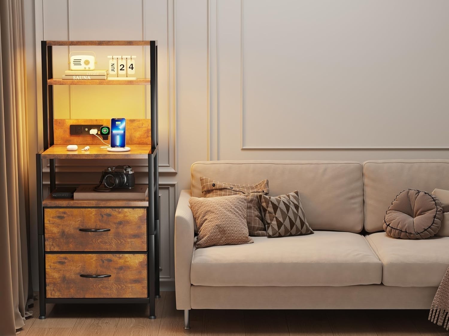Rustic Brown Bedside Table with Charging Station & LED Light, 2 Drawers Modern