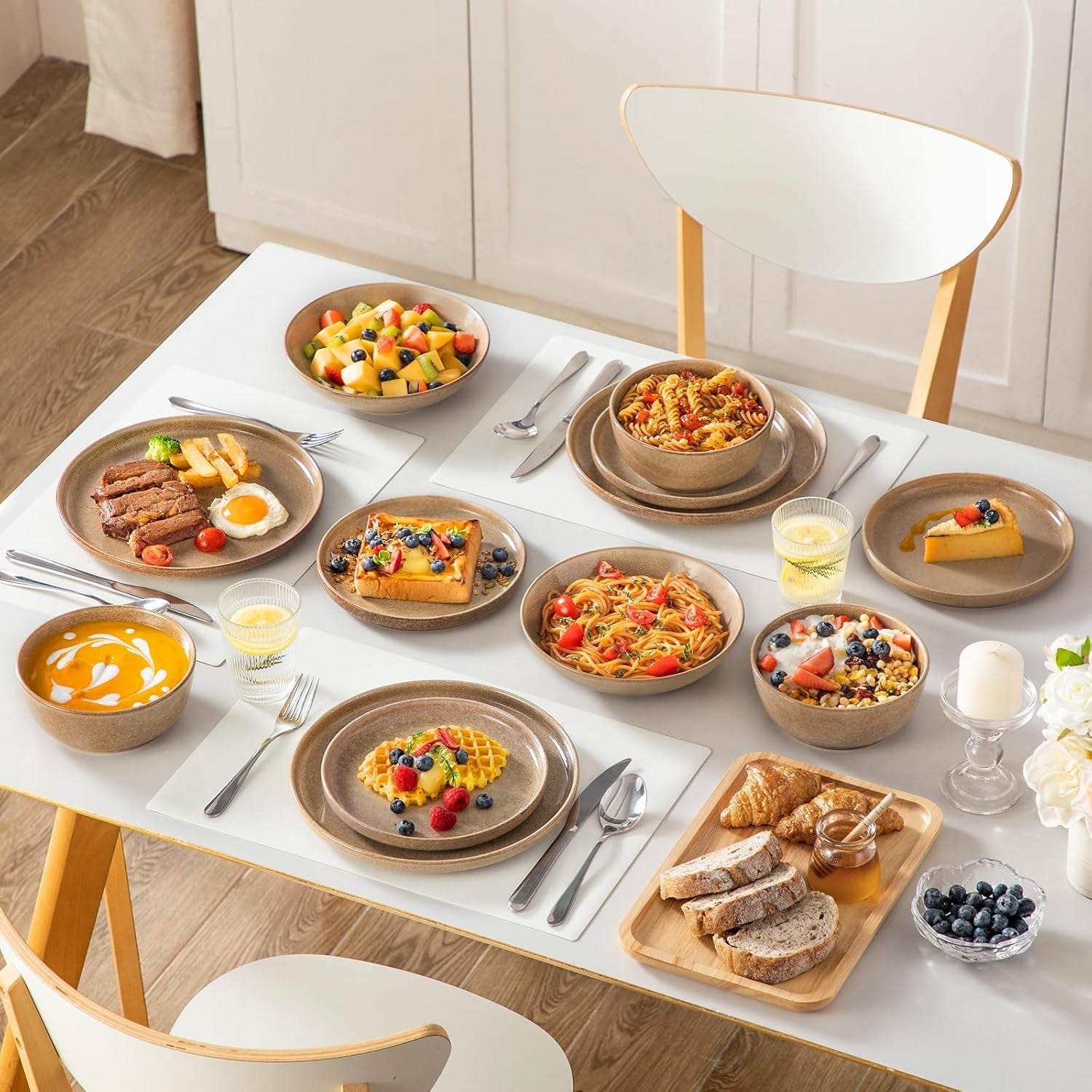 24pc Ceramic Dinner Set Caramel Plates Bowls Microwave Dishwasher Safe