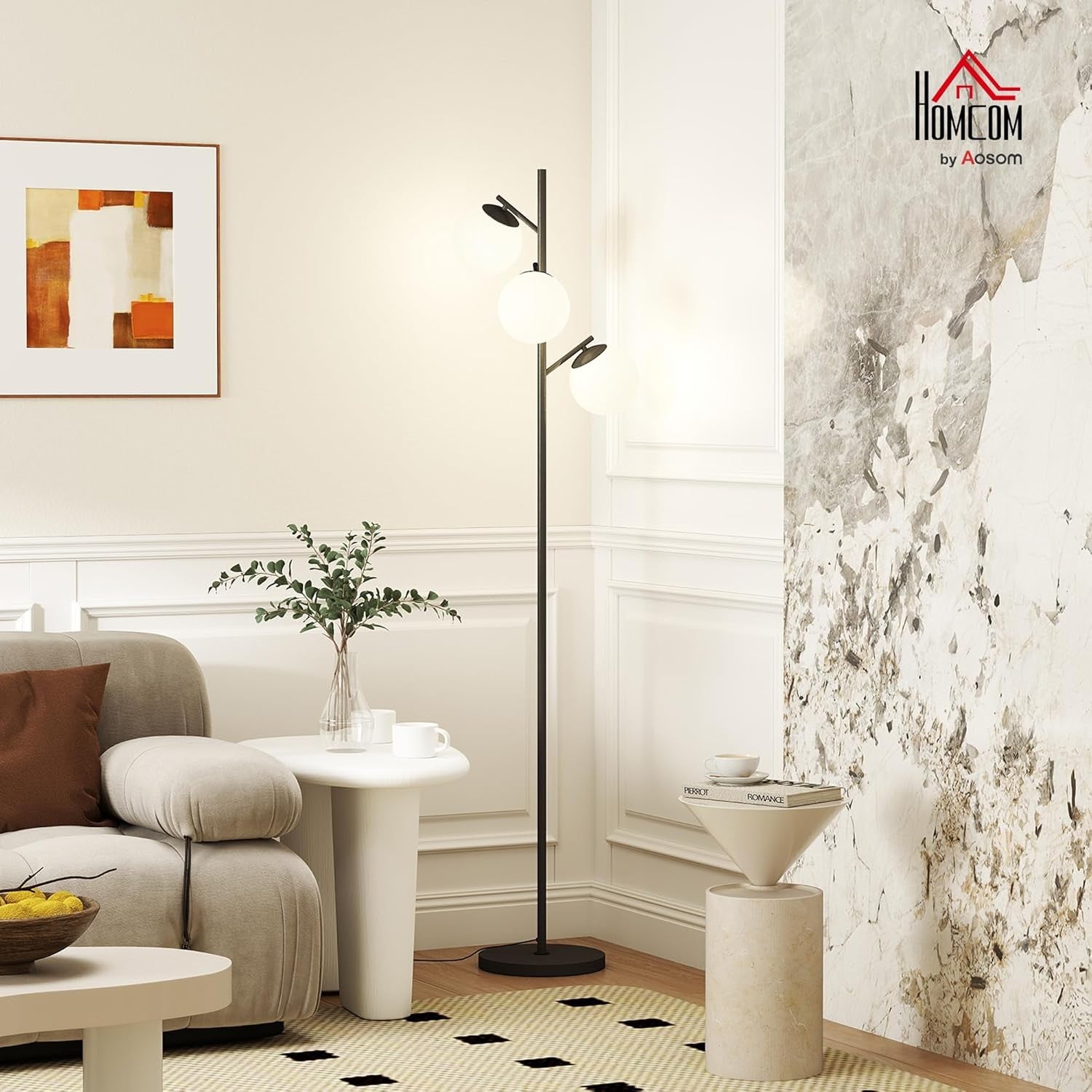 3 Light Tree Floor Lamp Black Modern Standing Lamp Globe Shades Living Room