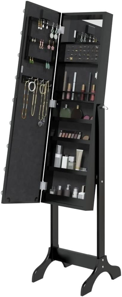 LED Standing Mirror Jewelry Cabinet Tilt Adjustable Storage Armoire Black