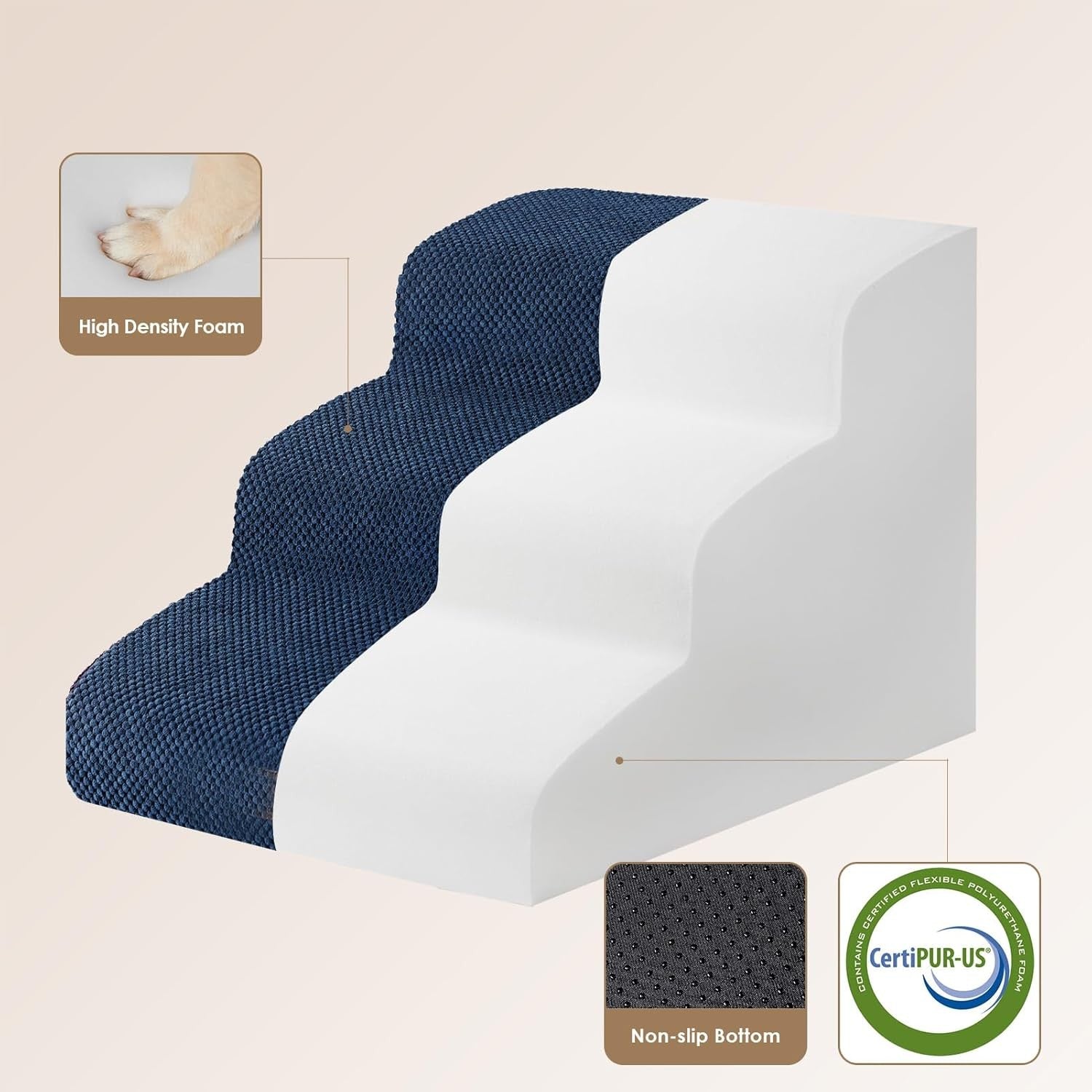 3 Step Dog Stairs for Bed Non Slip Foam Pet Steps Washable Navy