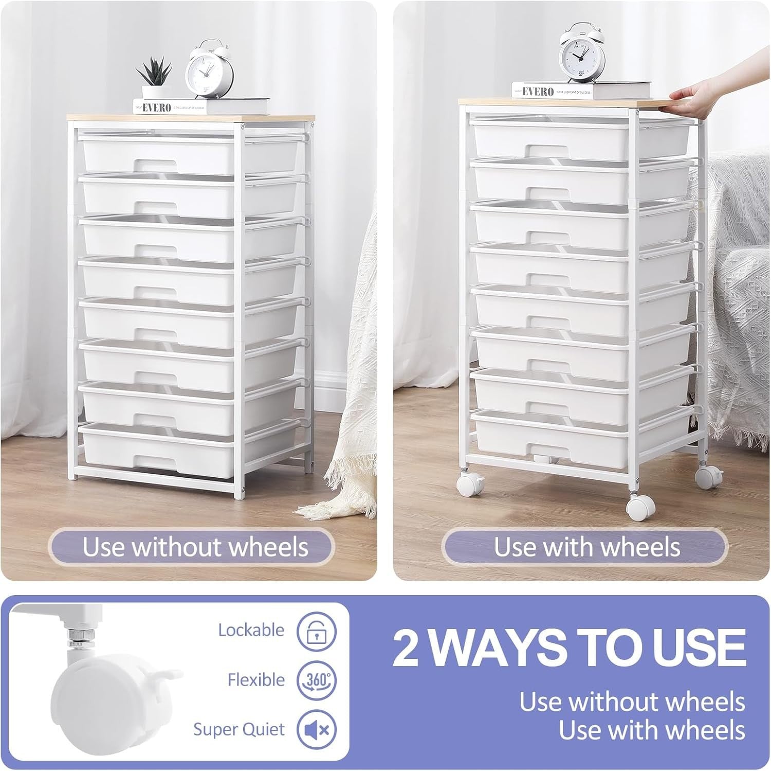 8 Drawer Mobile Storage Cart Rolling Utility Organizer White Trolley