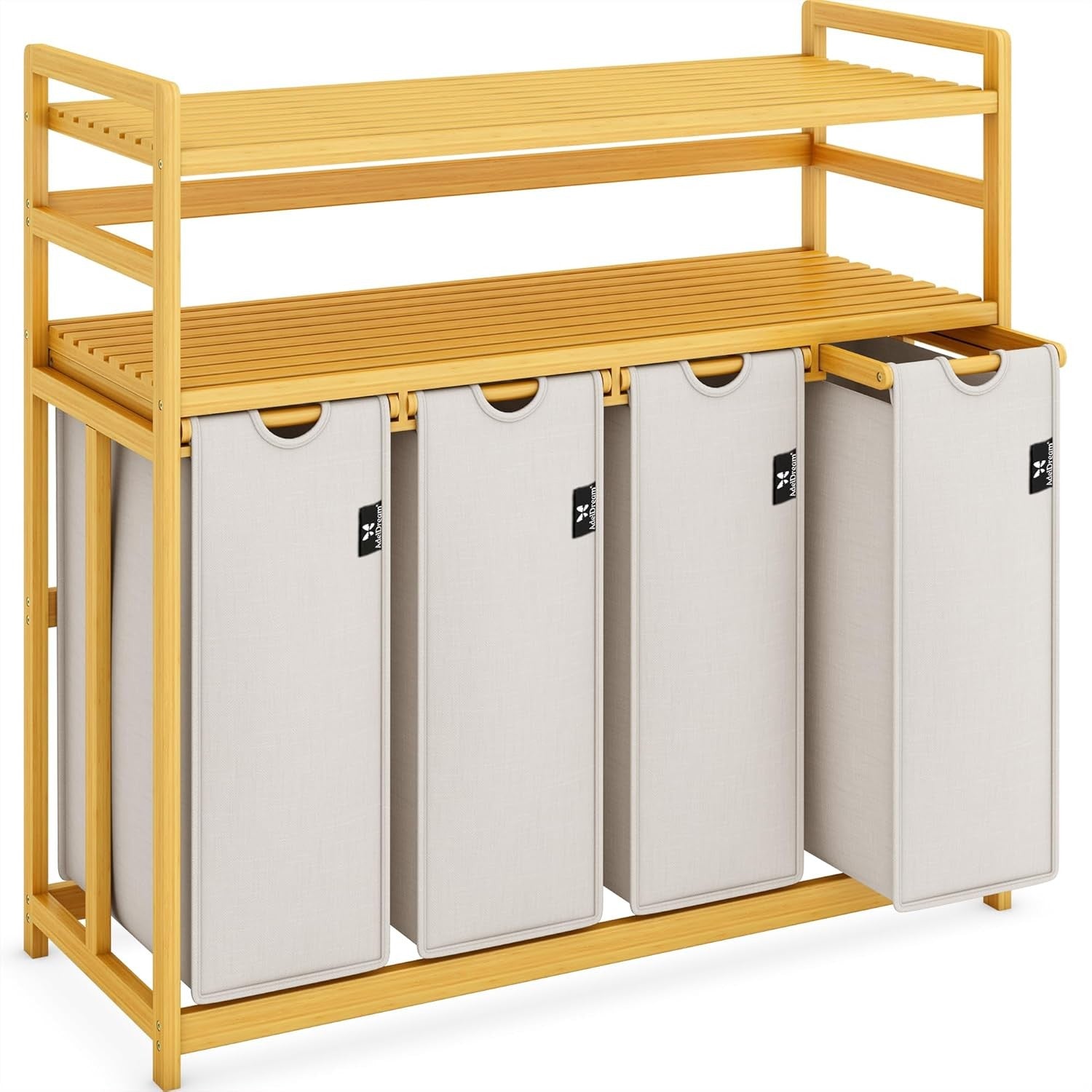 200L 4-Section Laundry Sorter Bamboo Frame With Shelf Removable Bags Grey