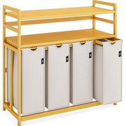 200L 4-Section Laundry Sorter Bamboo Frame With Shelf Removable Bags Grey