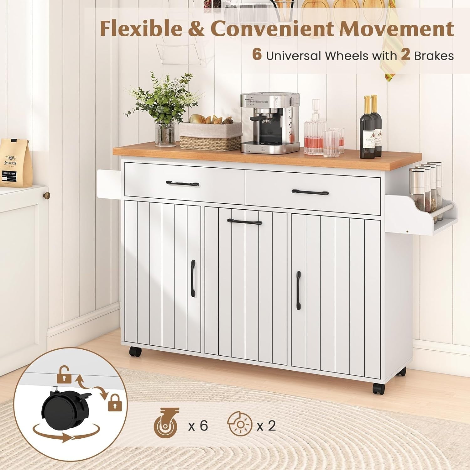 Kitchen Island Trolley with Trash Bin, Drawers & Shelves 147x41.5x87.5cm