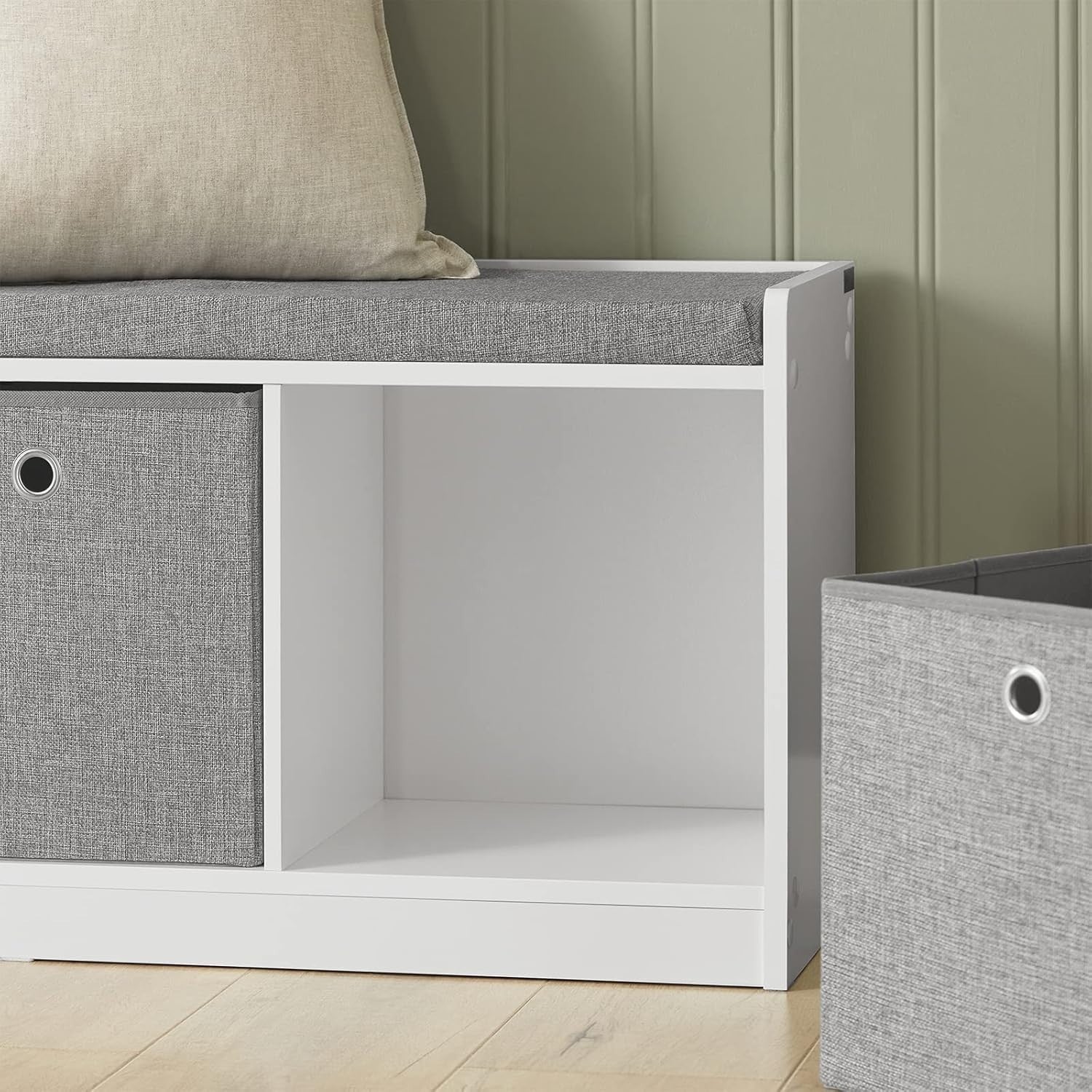 Modern Storage Bench with 3 Fabric Baskets & Cushion | Shoe Rack Cabinet