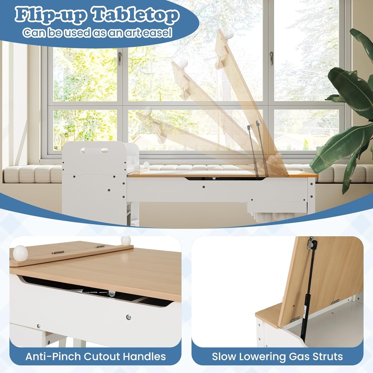 Kids Wooden Art Table and Chairs Set w/ Flip Top Easel Paper Roll Storage White