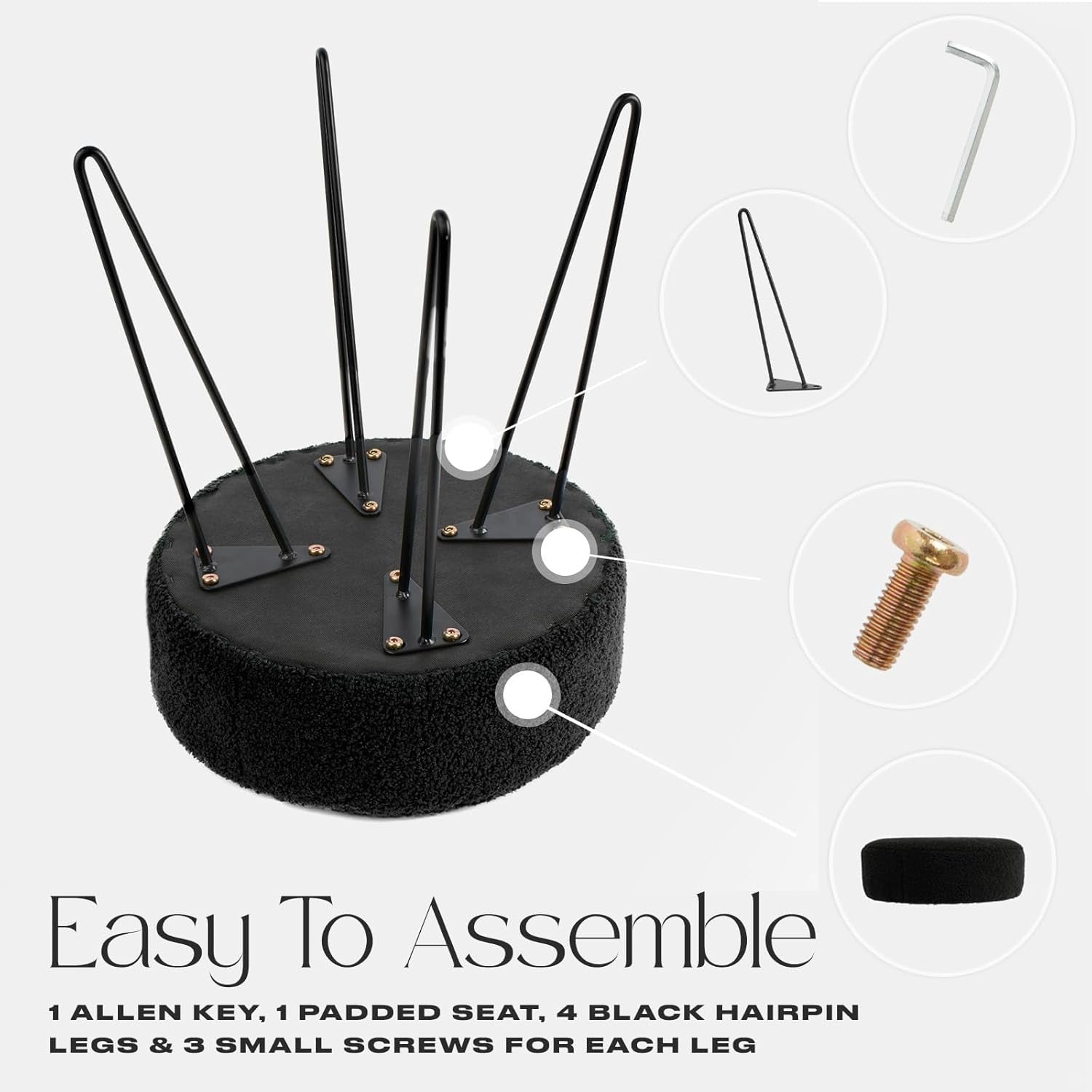 Black Bouclé Round Stool Modern Padded Pouffe Footrest Hairpin Leg Seat