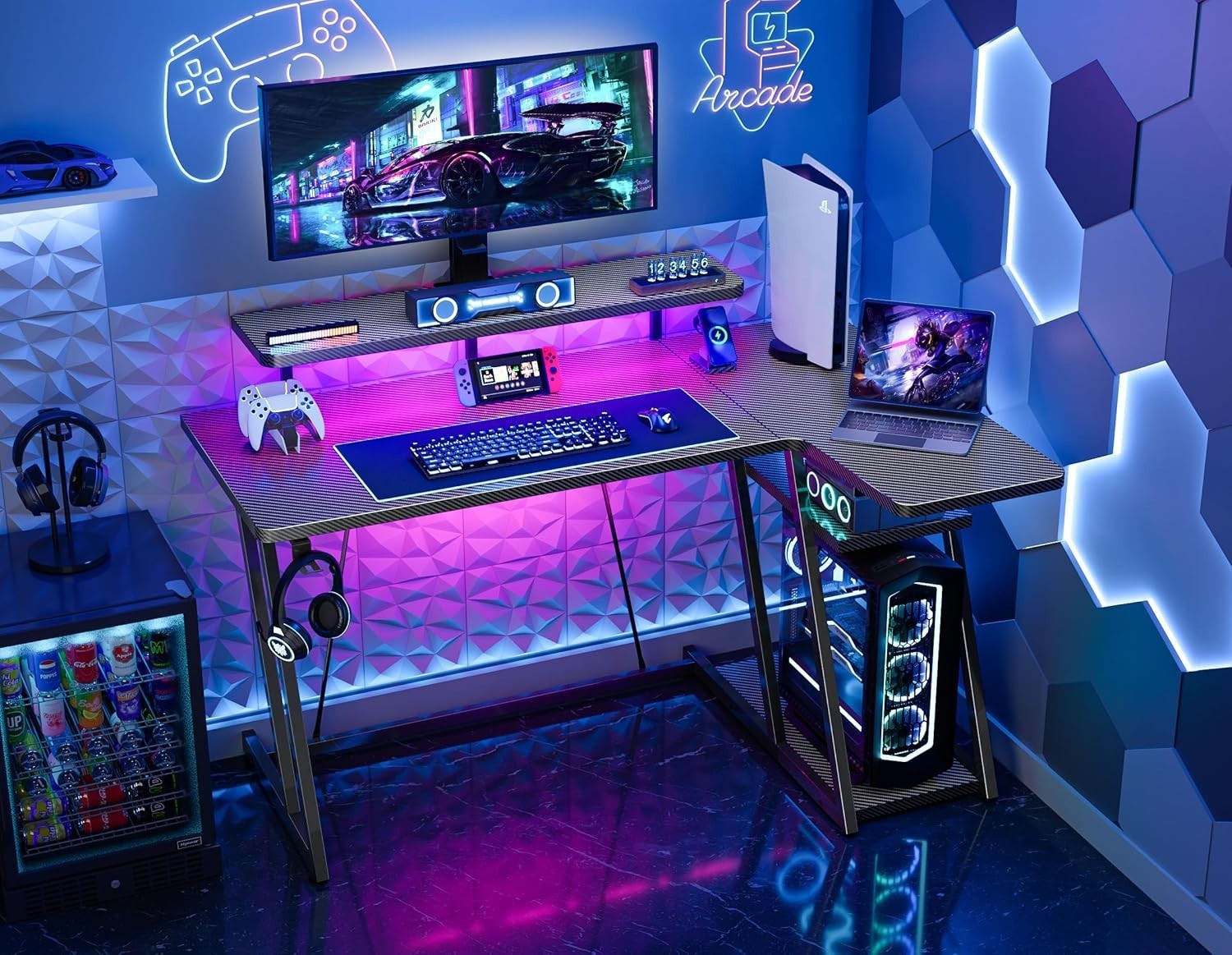 Black 120cm L Shaped Gaming Desk with LED Lights, Monitor Stand & Shelves