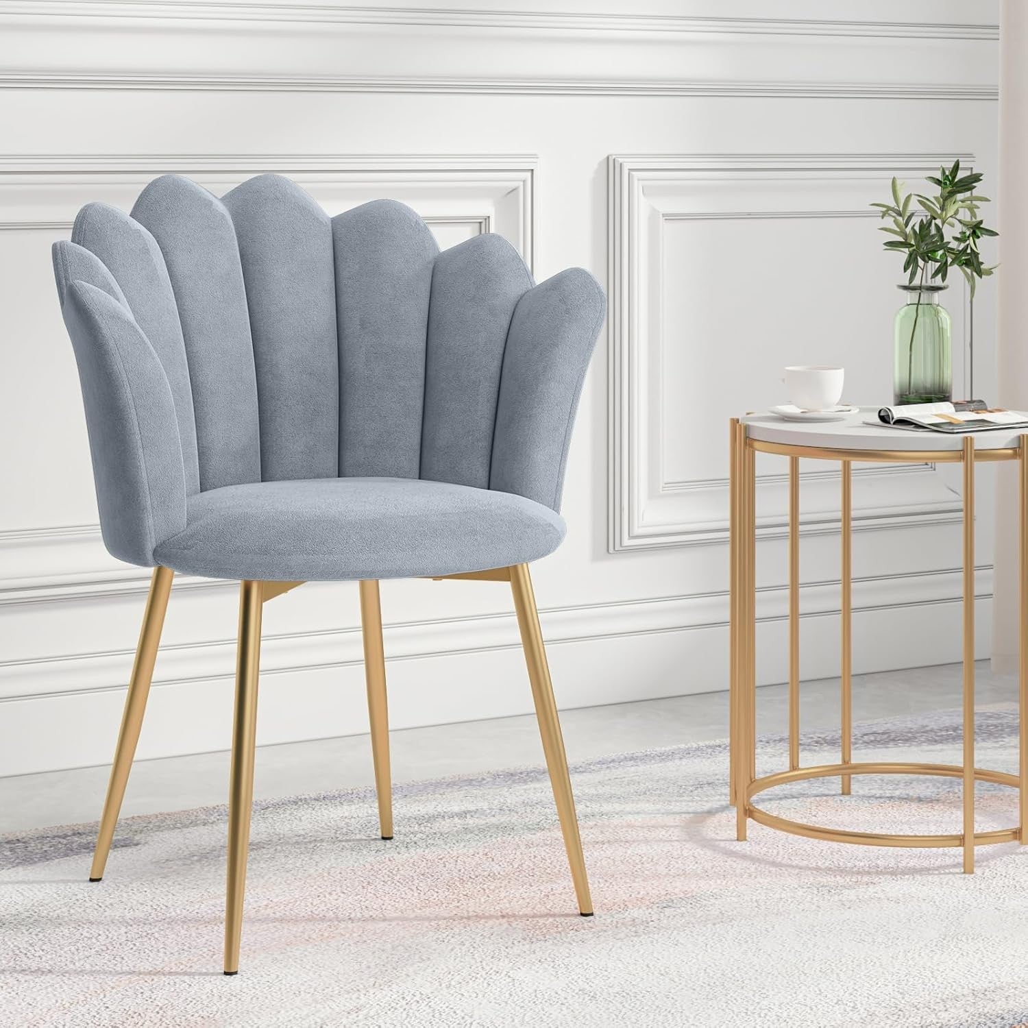 Velvet Vanity Chair Shell Back Gold Metal Legs Grey