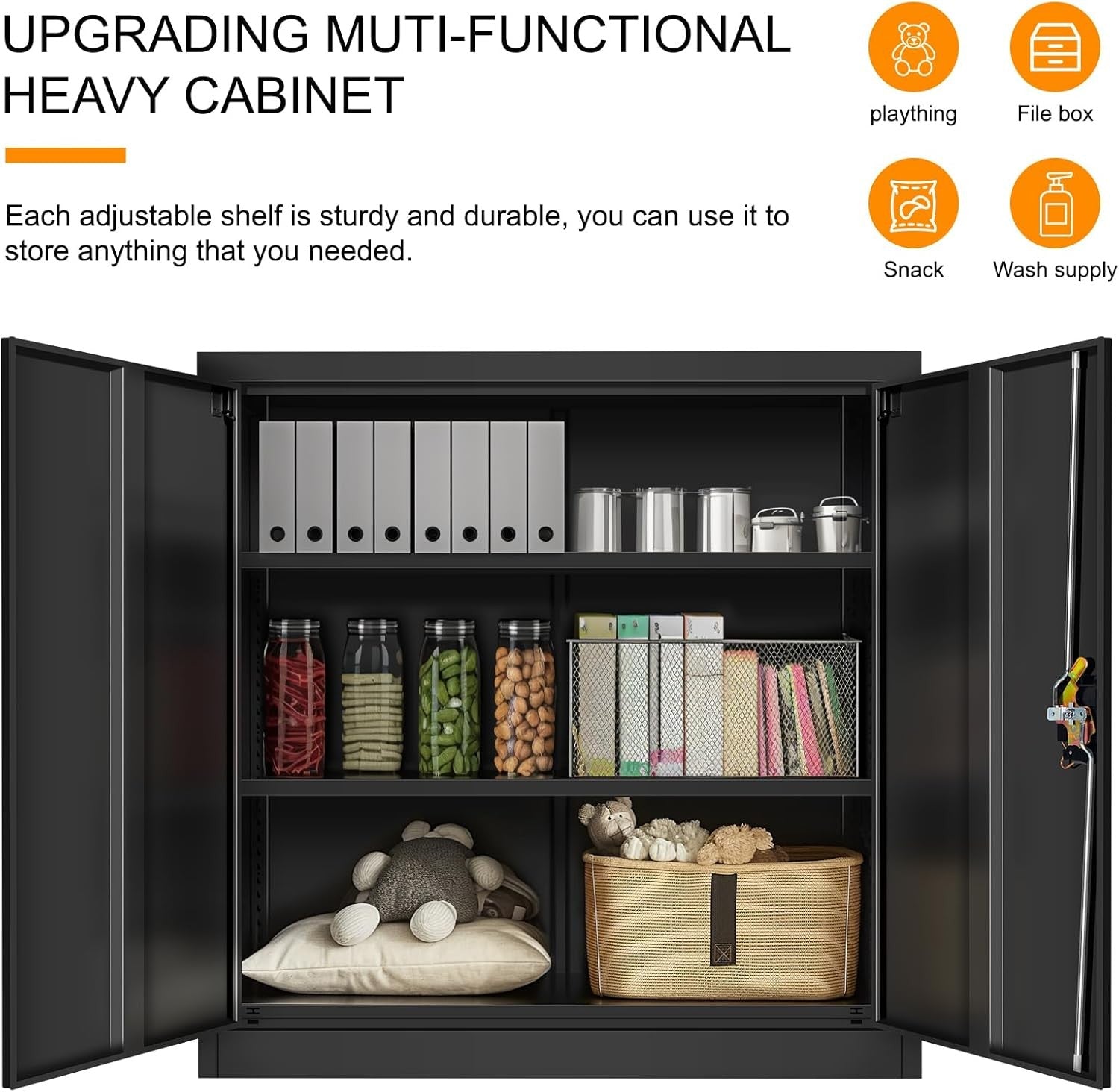 Metal Storage Cabinet Black Lockable Cupboard 2 Door Adjustable Shelves 90cm