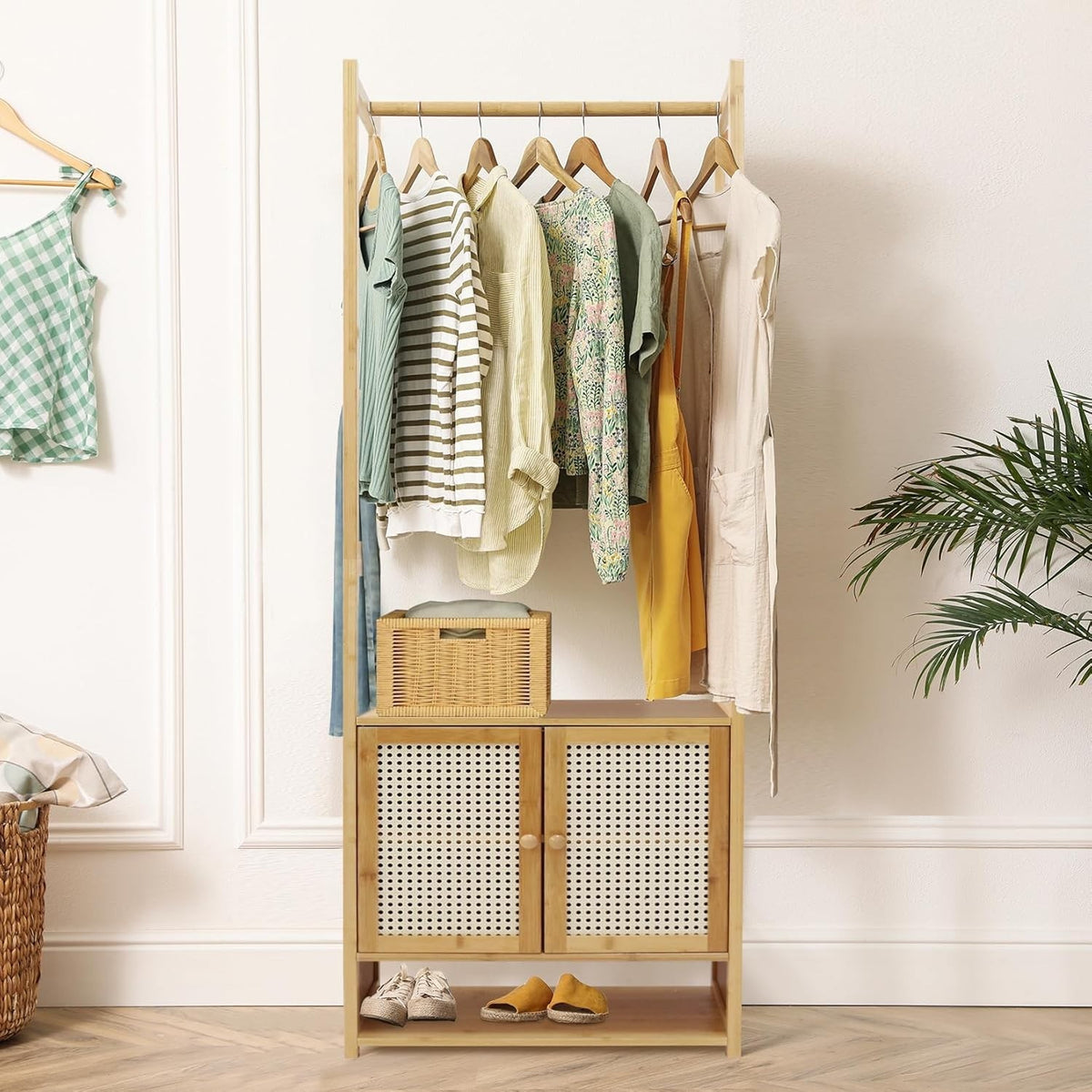 Bamboo Clothes Rack Wardrobe with Cabinet – Freestanding Storage 168cm