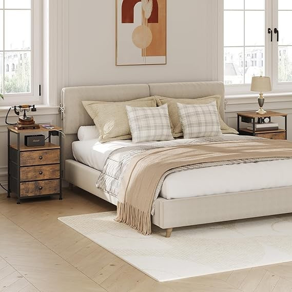Rustic Bedside Table with Charging Station, 3 Drawers, USB Ports Modern