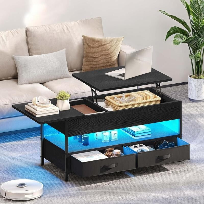 Height Adjustable Coffee Table with Storage Drawers & LED Lights Black
