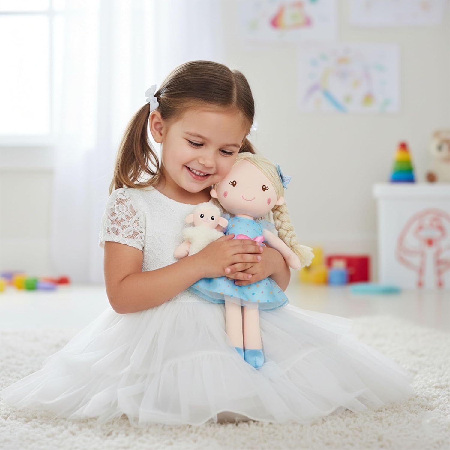 38cm Plush Doll with Lamb Companion Soft Cuddly Toy Blue Dress Gift Kids
