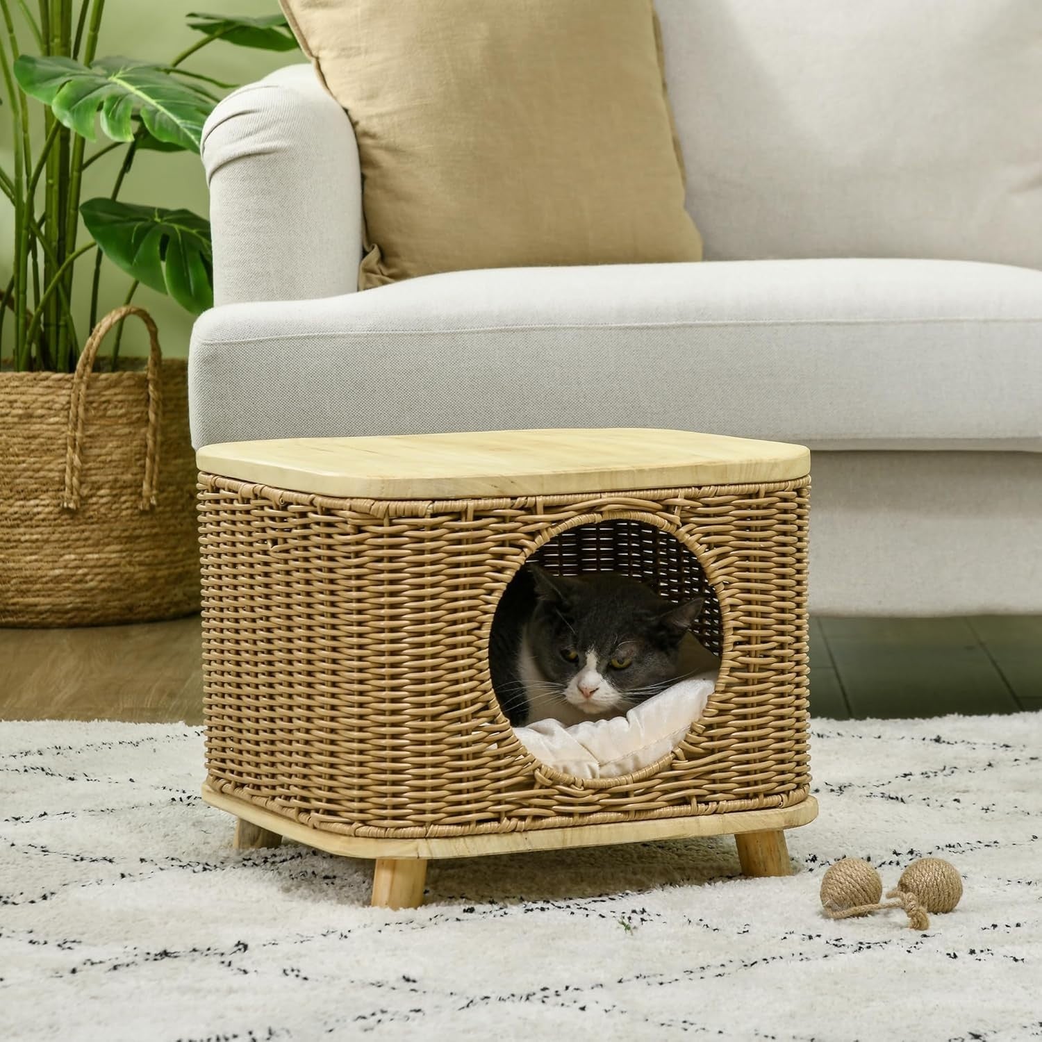 Elevated Wicker Cat House Washable Cushion Indoor Cat Cave Bed