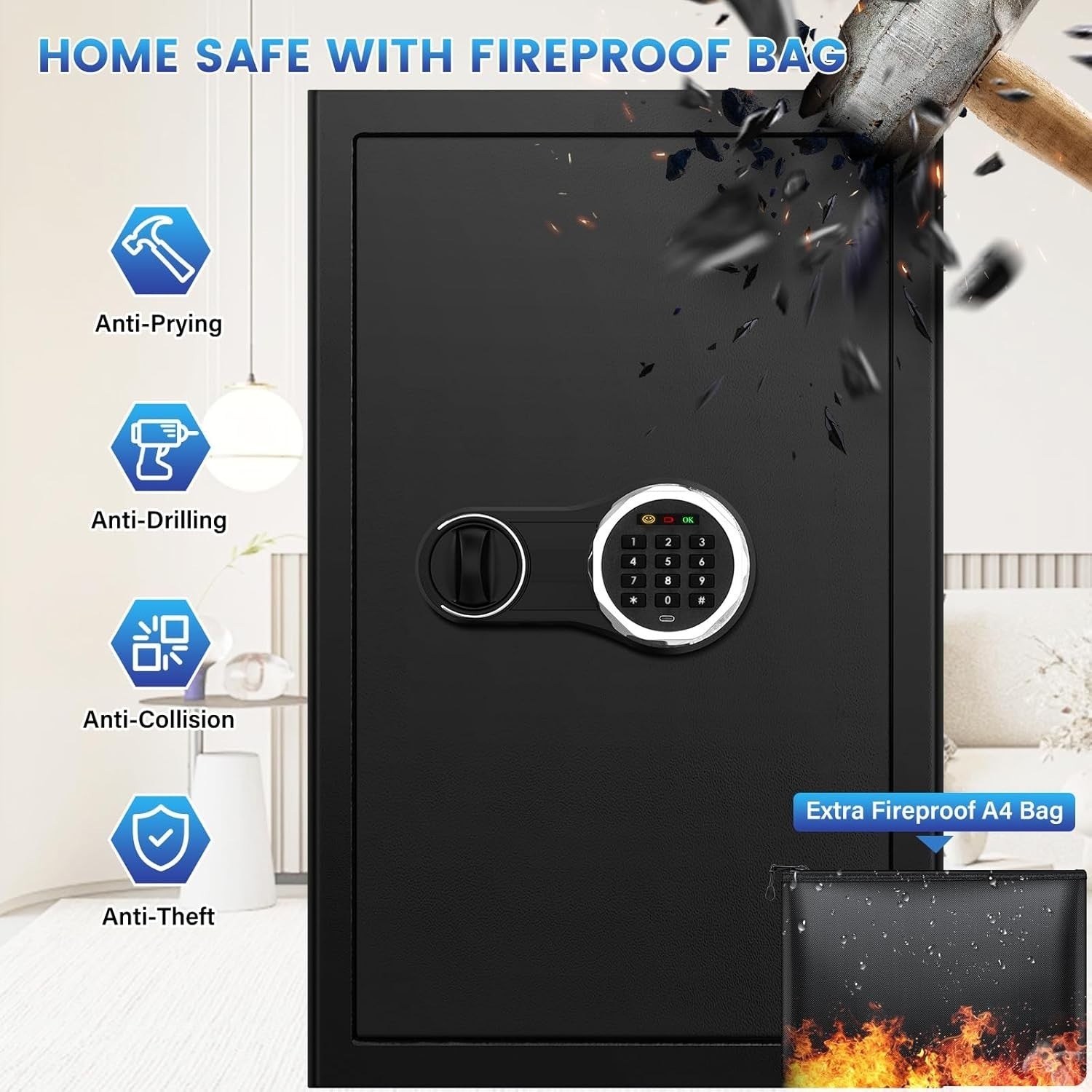 70L Fireproof Safe Box Digital Keypad Security Safe with Shelves