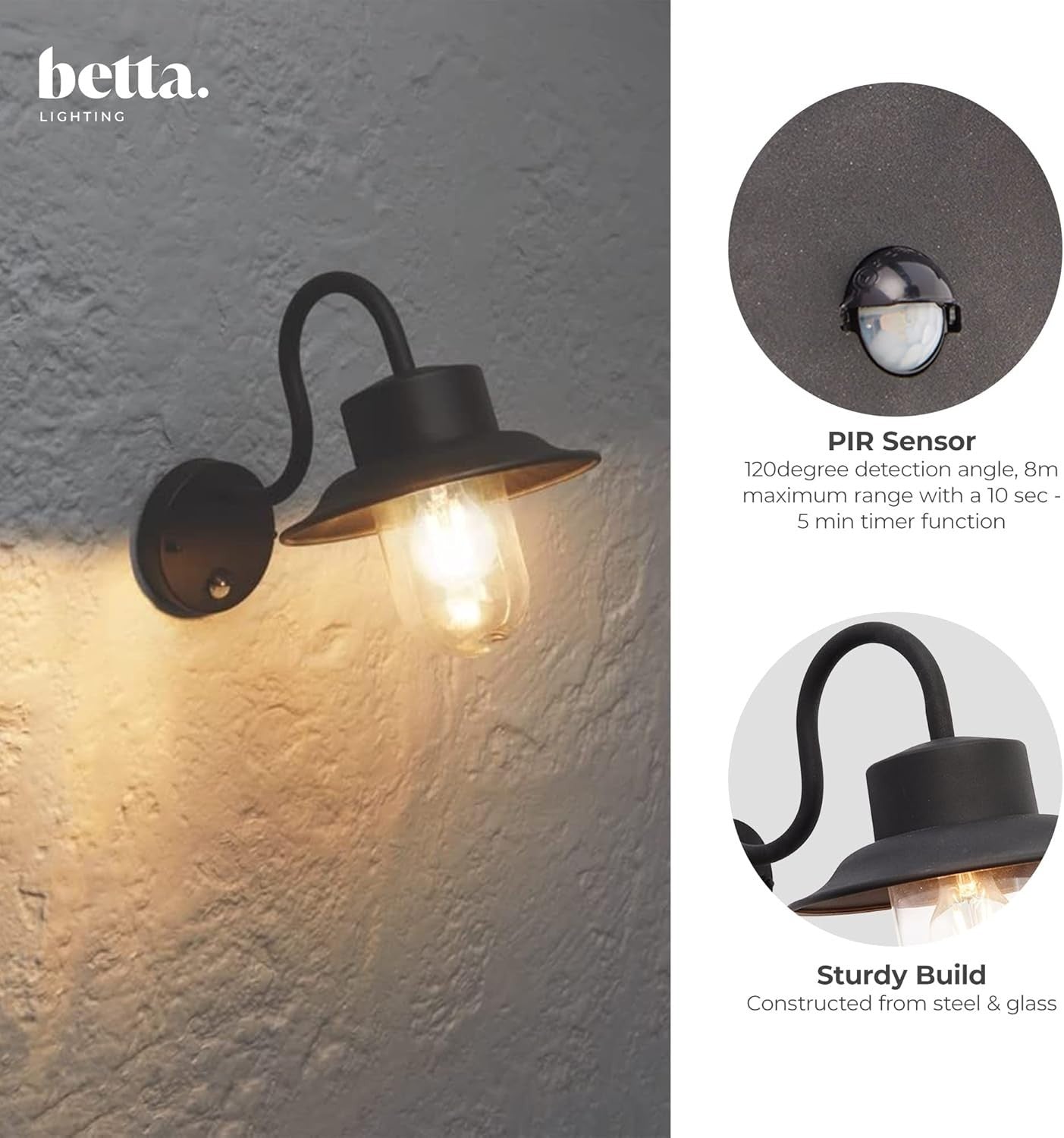 Outdoor Wall Light Black Fisherman Lantern IP44 Motion Sensor