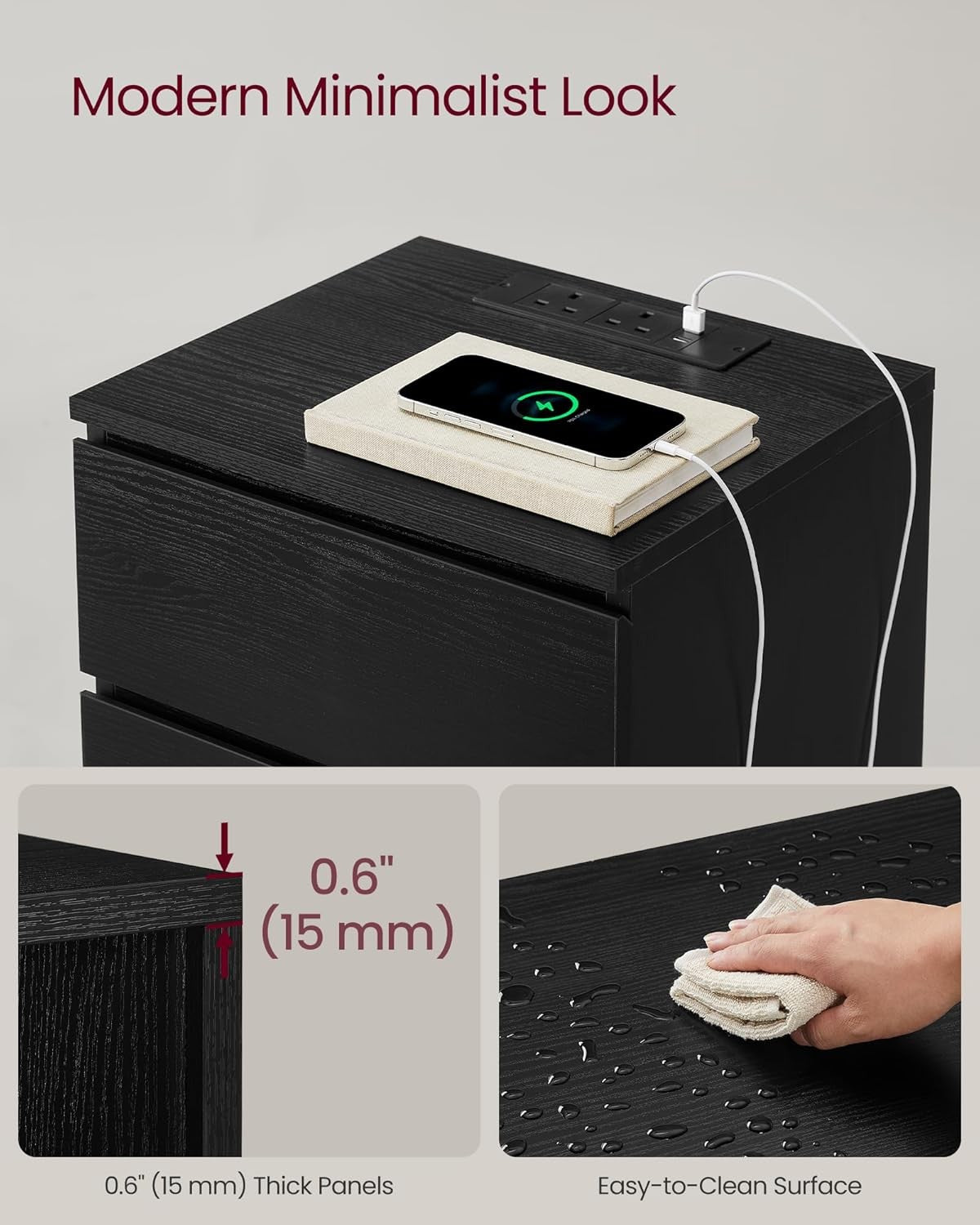 Black Bedside Table with Charging Station, 3 Drawers, USB & AC Ports, Modern