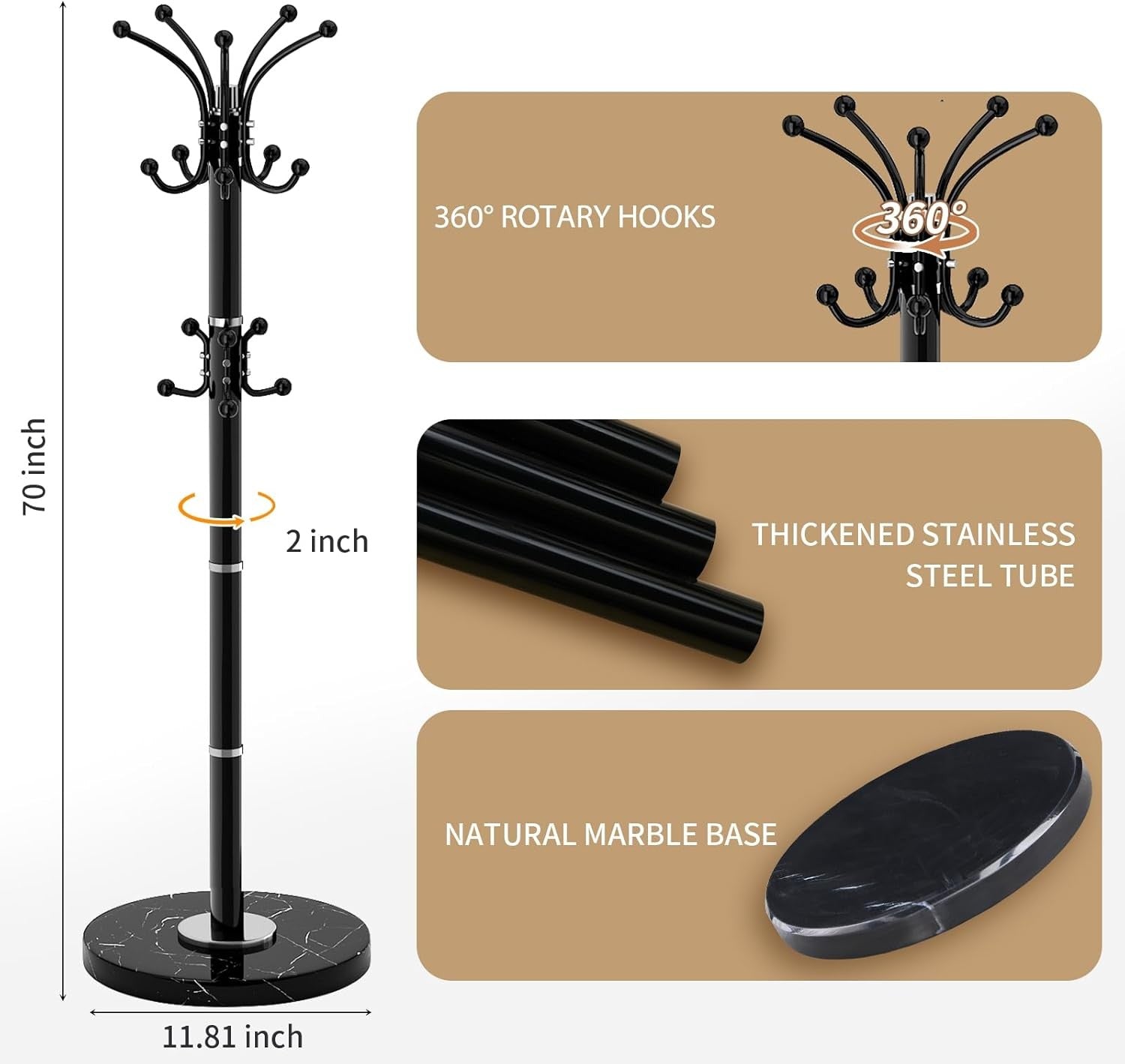 Modern 360° Rotating Metal Coat Rack with Marble Base | 14 Hook Stand