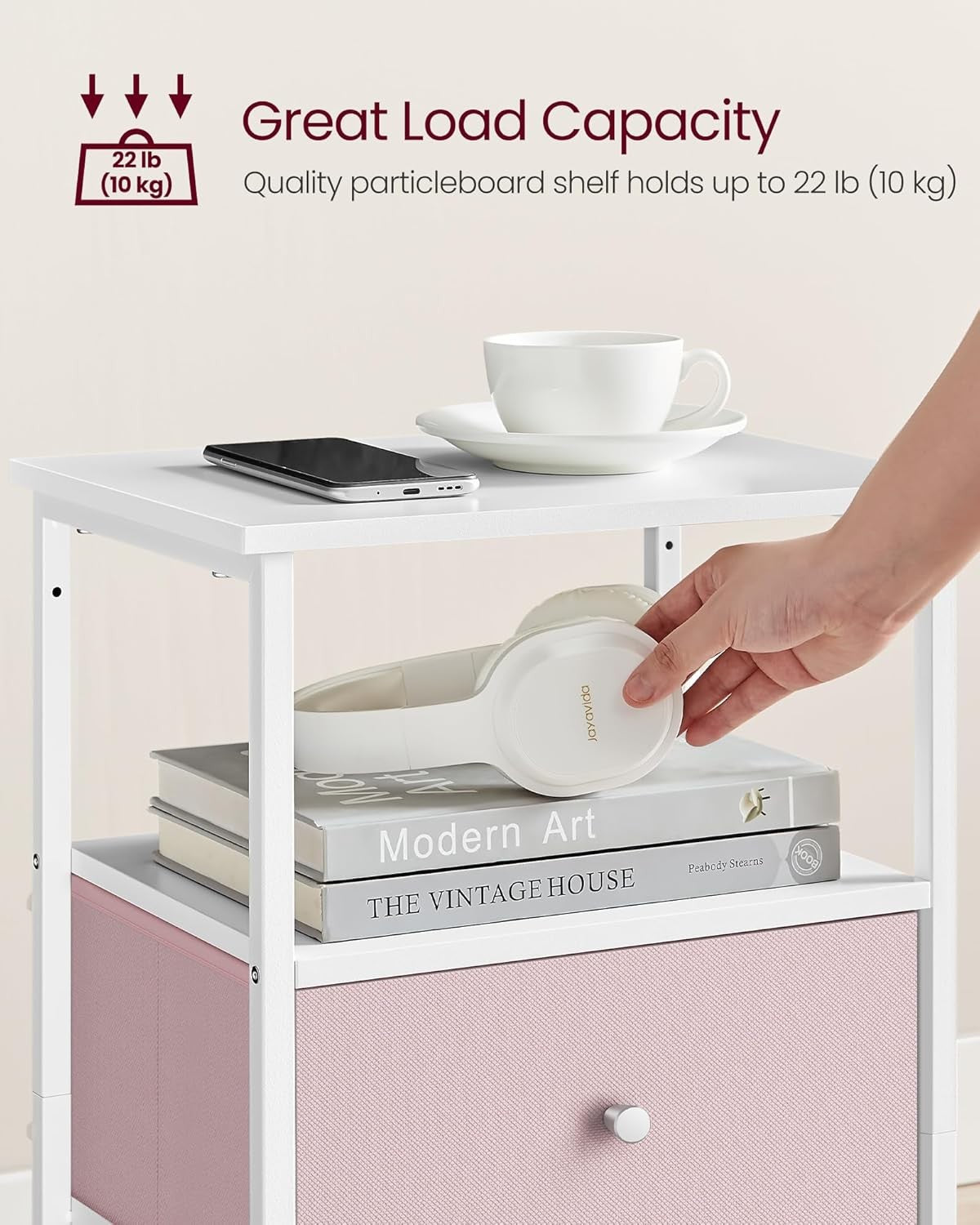 Tall Pink Bedside Table with 2 Fabric Drawers & Shelf – Modern Storage Unit